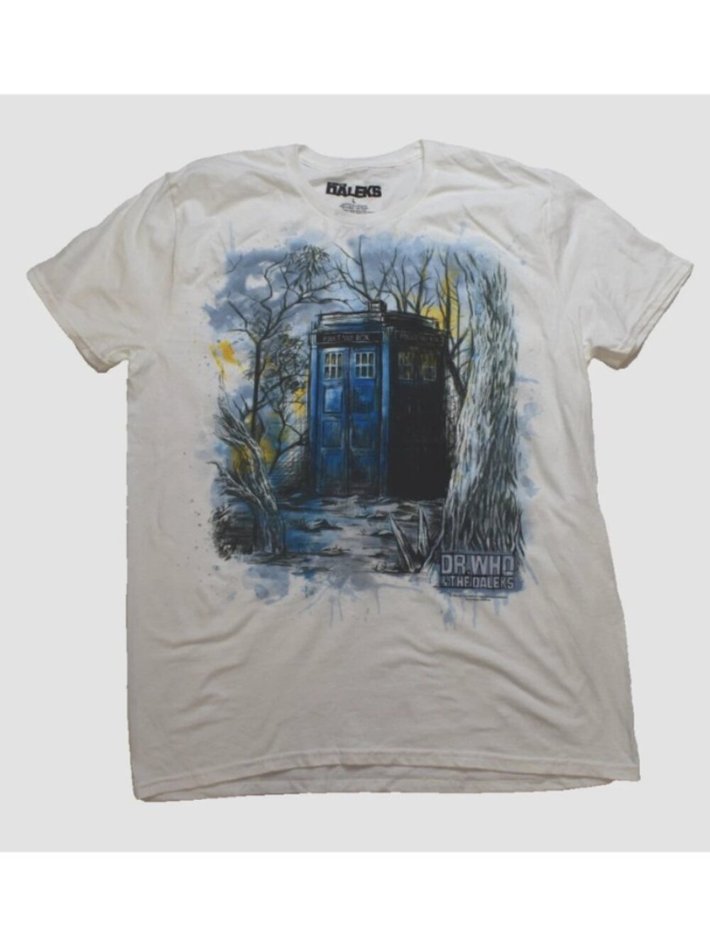 Dr. Who & The Daleks Mens Sketched Water Colored Tardis Woods Shirt New Large
